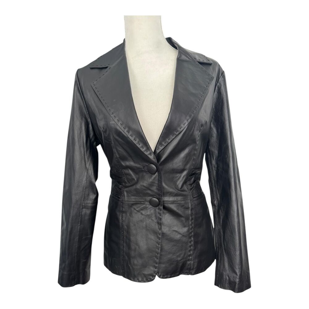 Colleen Lopez Jacket‎ Womens Medium Black Genuine Leather Belted Blazer Pockets
